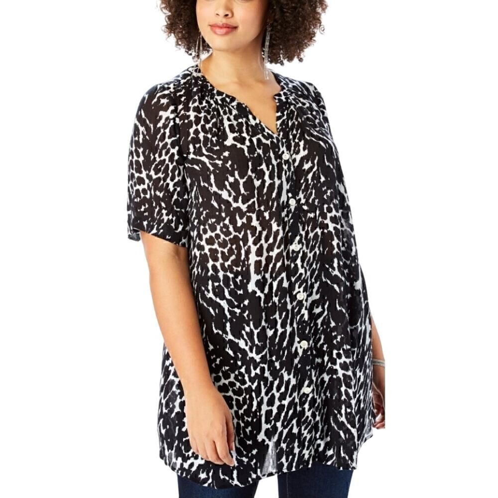 Roaman's Angelina Tunic Notch V-Neck Short Sleeve Blouse Black/White 18W